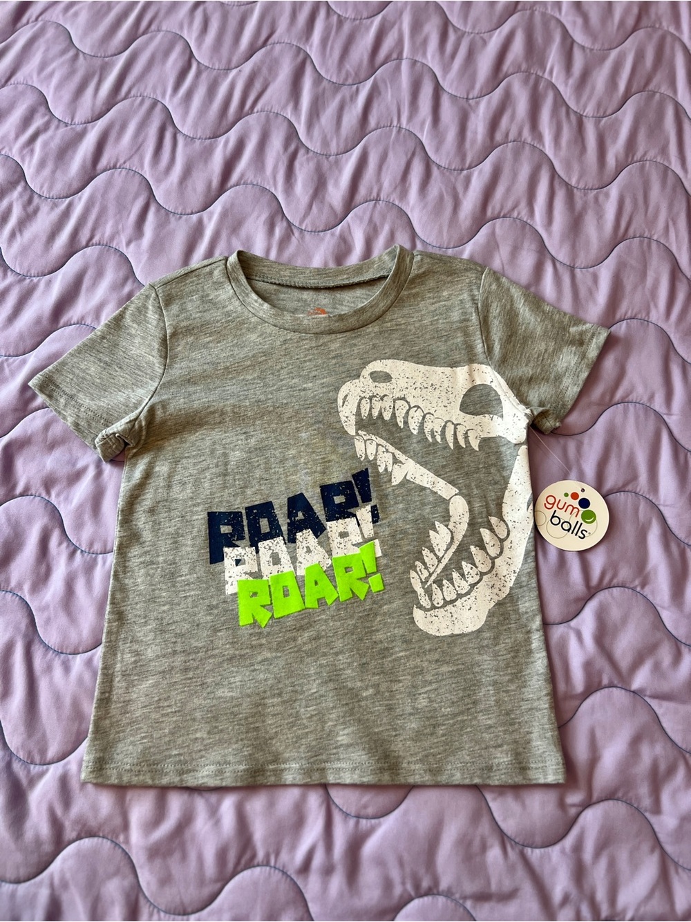 Boys' Gray Dinosaur Skull Graphic Tee with Neon Green Accent